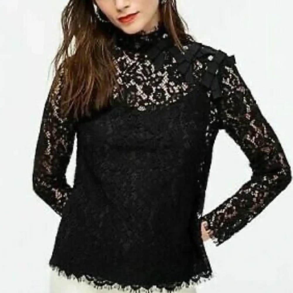 J.Crew Black Lace Long Sleeve Top with Built-in Cami Size 6